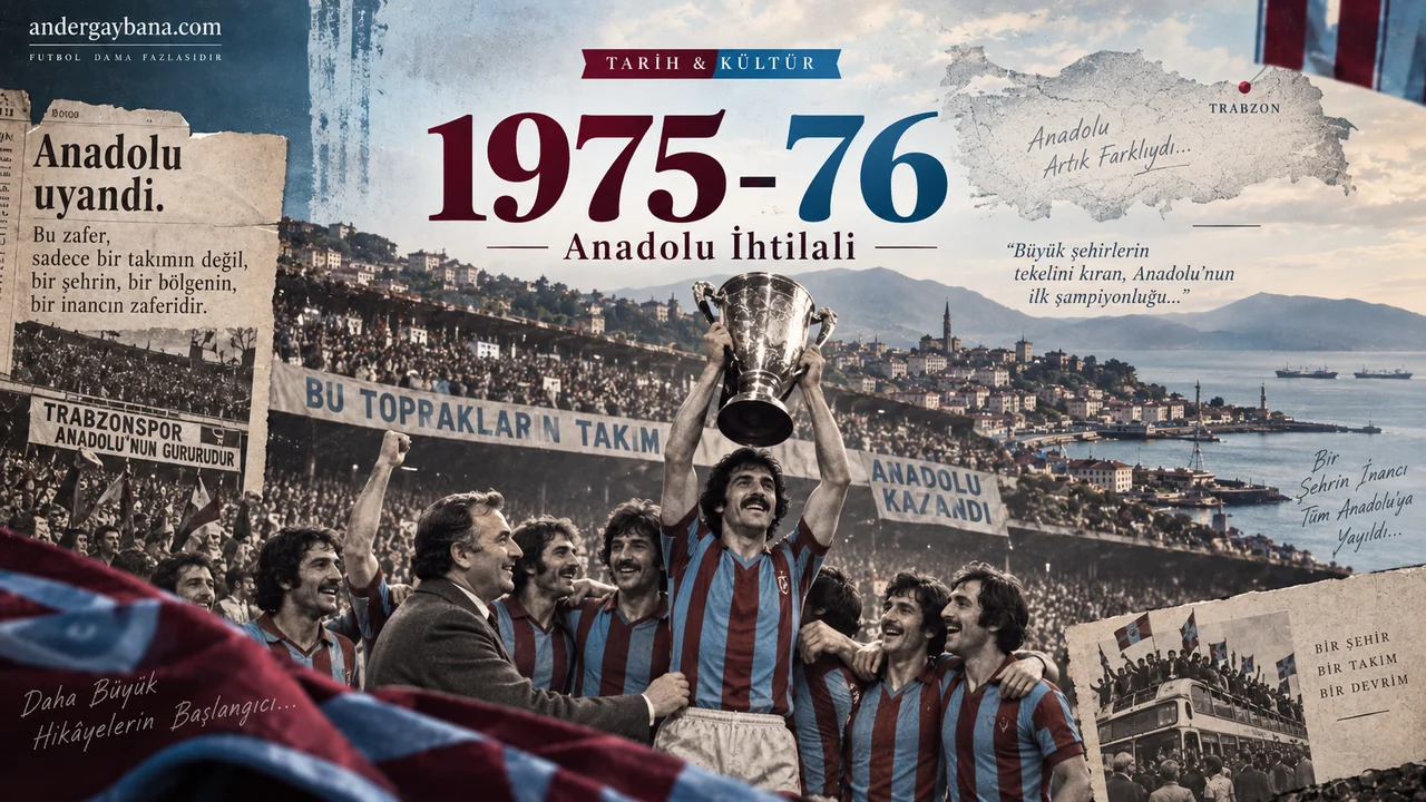 1975-76 Anadolu İhtilali kapak kolajı: kupayı kaldıran kaptan, sevinen takım arkadaşları ve tribün pankartları