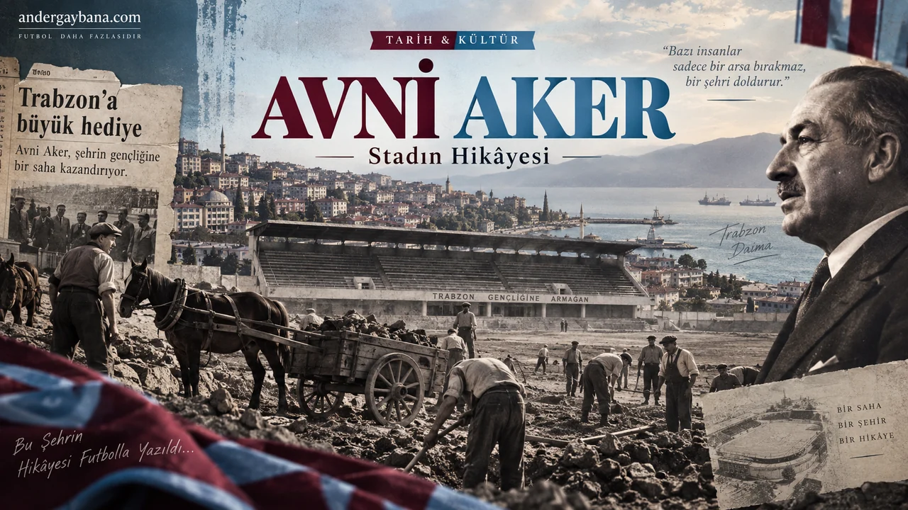Avni Aker Stadı'nın yapımını anlatan kapak kolajı: at arabalarıyla araziyi dolduran işçiler, tribünler ve Hüseyin Avni Aker portresi