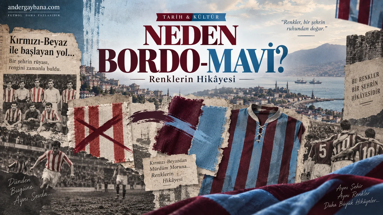 Renklerin hikâyesini anlatan kapak kolajı: üzeri çizili kırmızı-beyaz forma, bordo-mavi kumaş örnekleri ve eski takım fotoğrafları