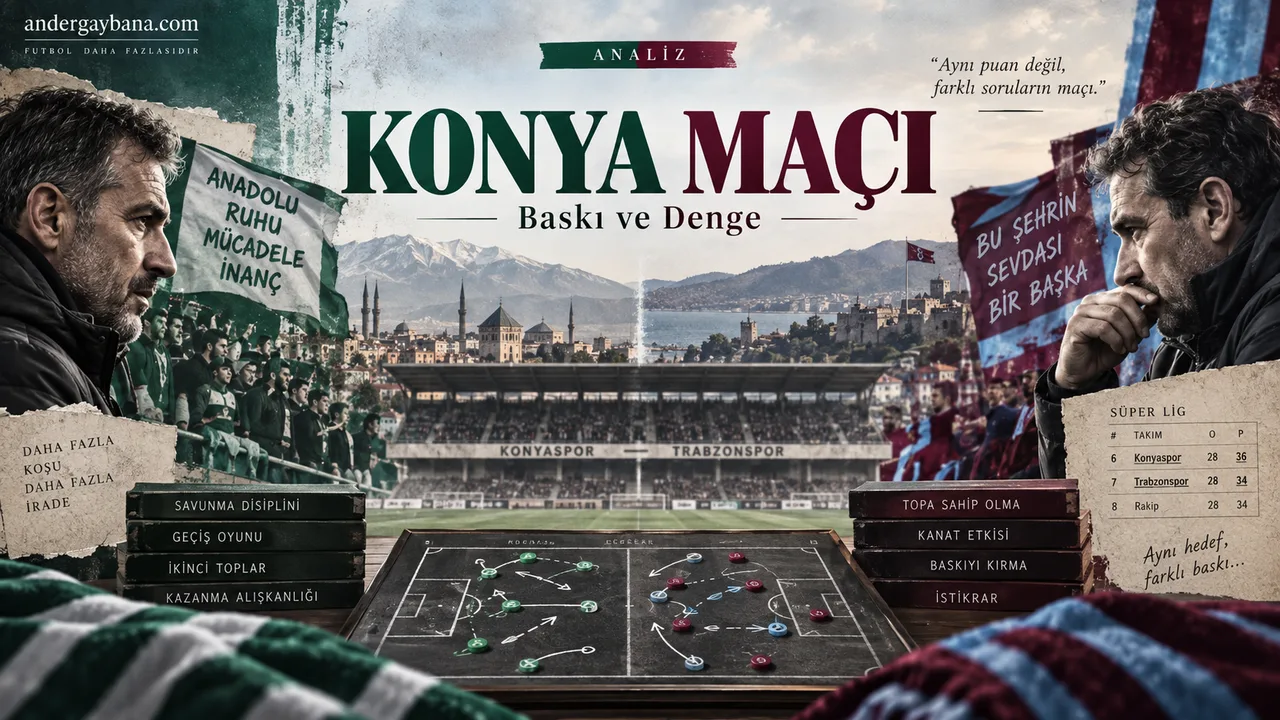 Konya Maçı Baskı ve Denge analiz görseli: taktik tahtası ve puan tablosu