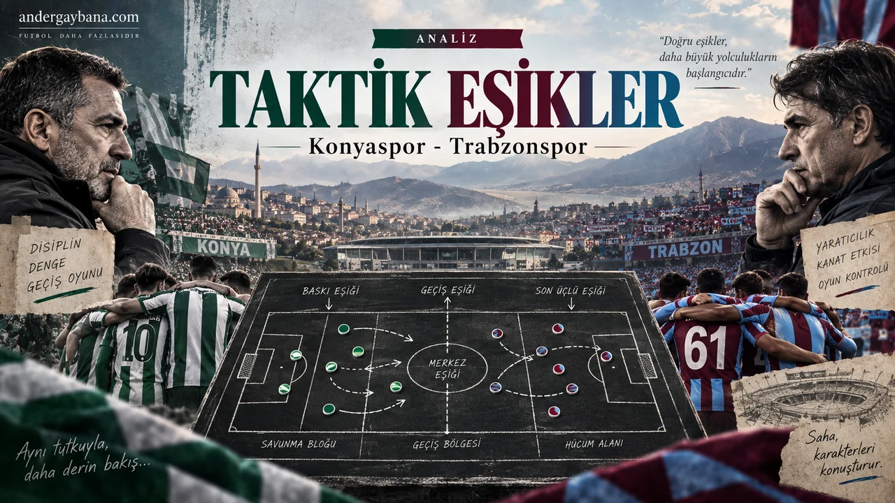 Konyaspor-Trabzonspor maç önü analizi kapak kolajı: taktik tahtada eşik bölgeleri, kenetlenmiş iki takım ve teknik direktörler