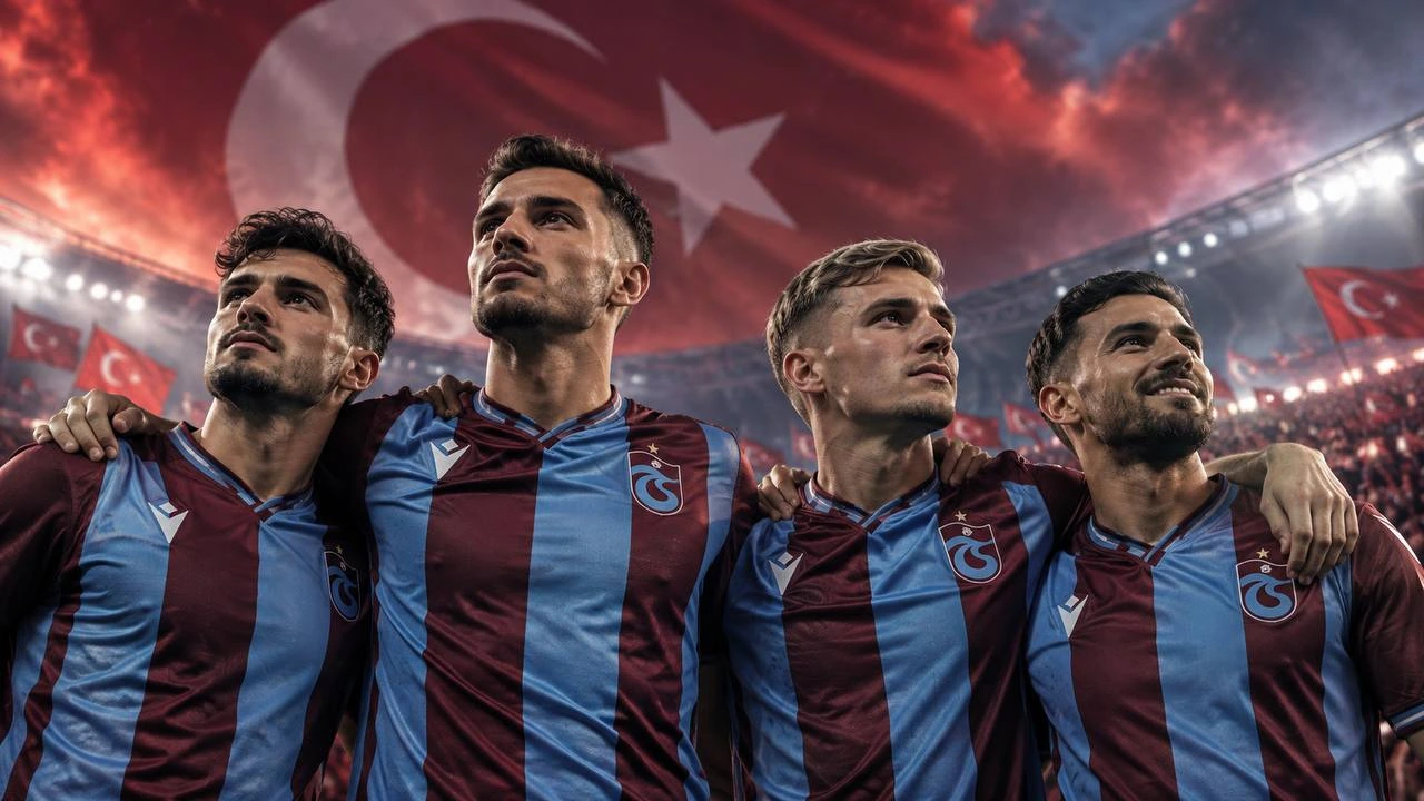 Trabzonspor formasıyla omuz omuza duran dört futbolcu ve arkada dev Türk bayrağı