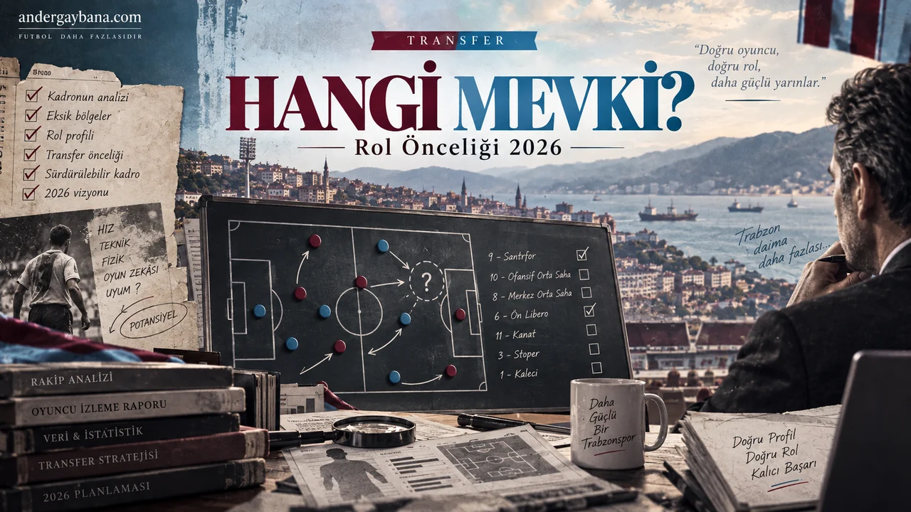 Transfer rol önceliği kapak kolajı: taktik tahtada işaretlenmiş mevki listesi, oyuncu izleme raporları ve 'Hangi mevki?' başlığı
