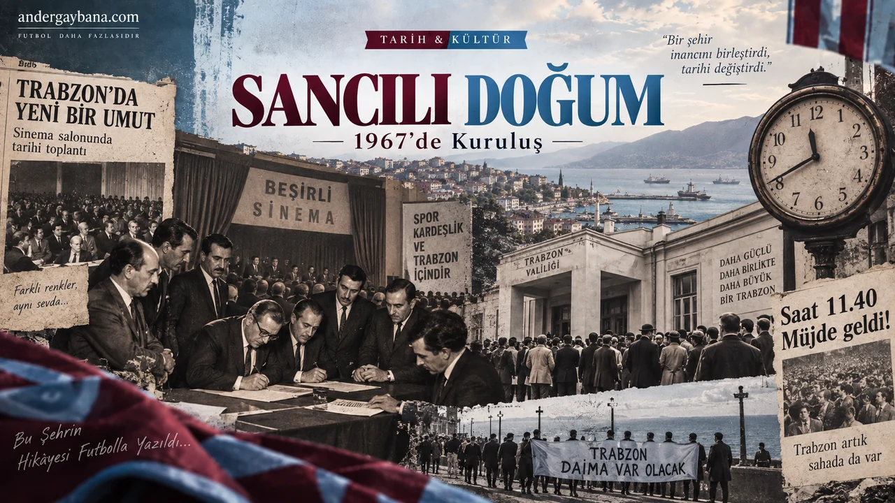 1967 birleşme sürecini anlatan kapak kolajı: imza masası, Beşirli Sinema, Trabzon Valiliği önünde bekleyen kalabalık ve 'Saat 11.40 Müjde geldi' gazete kupürü